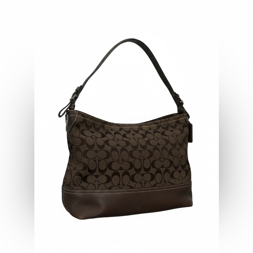 Coach large Signature Canvas Shoulder Bag dark brown jacquard with leather trim.